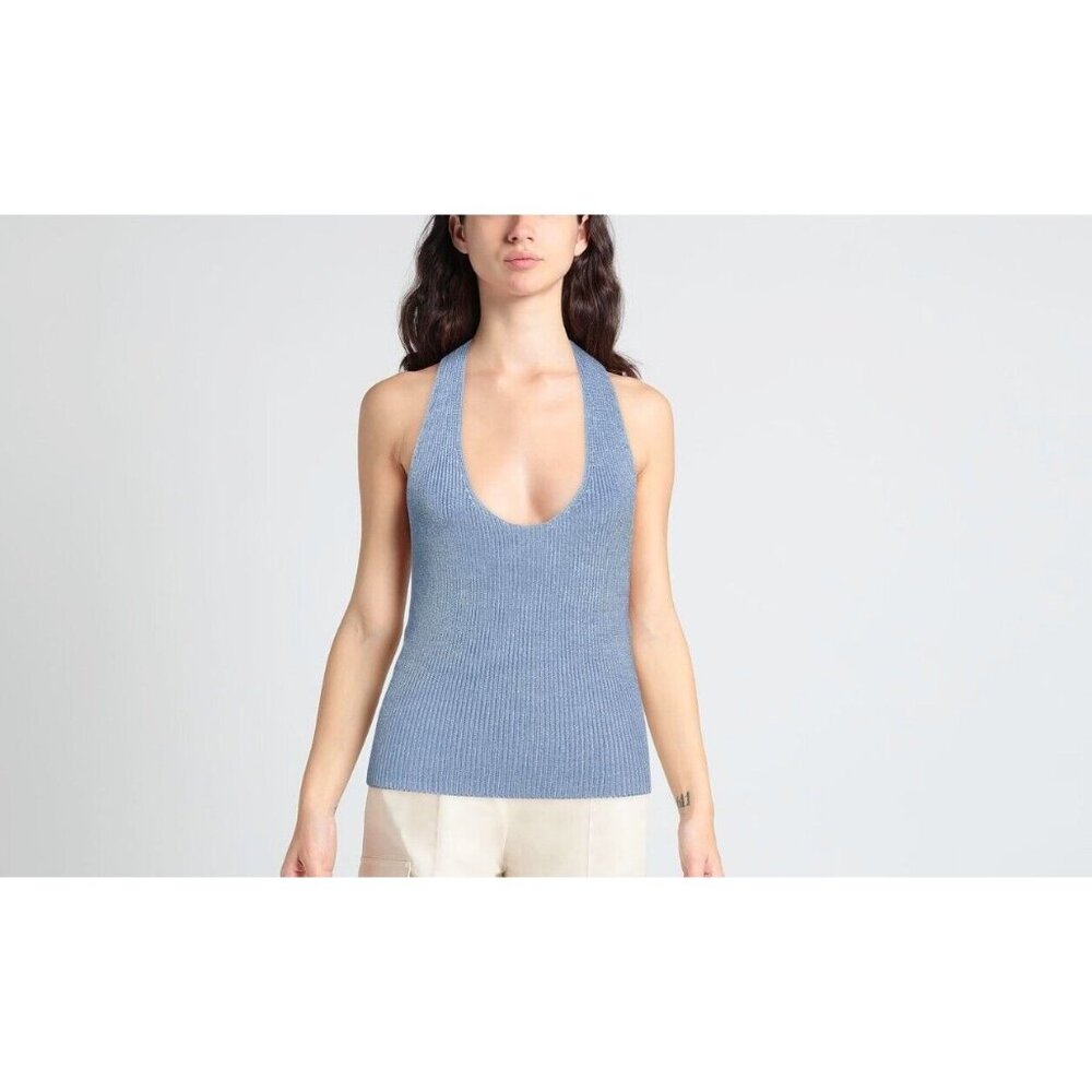 Vince Large Womens Halter Tank Top Blue Ribbed Scoop Neck Open Back NWT